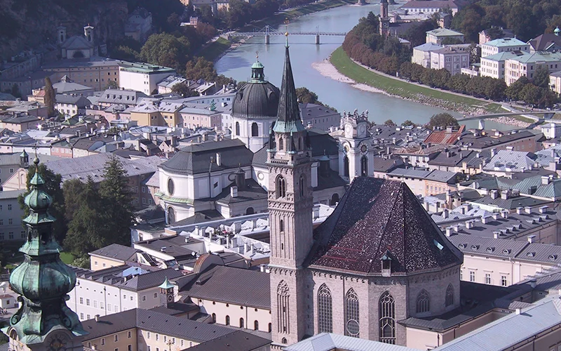 Rooftops, domes and spires of Salzburg seen from above
