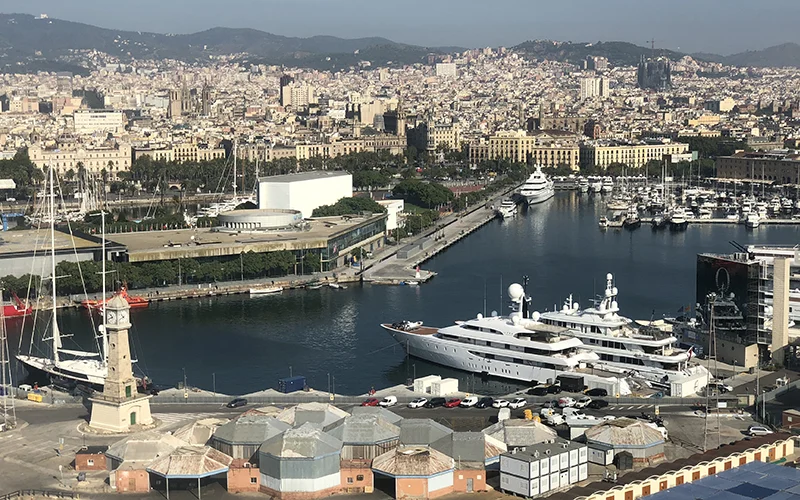 The port of Barcelona seen from above with the city beyond