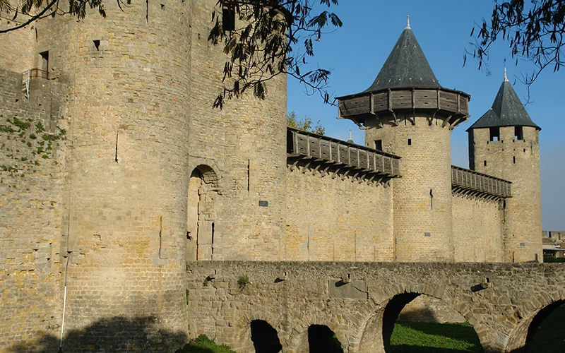 The walls and a tower of the fortified city of Carcassonne