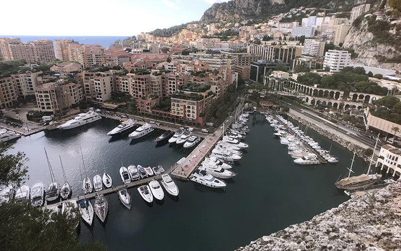 The harbor of Monaco lined with yachts seen from above