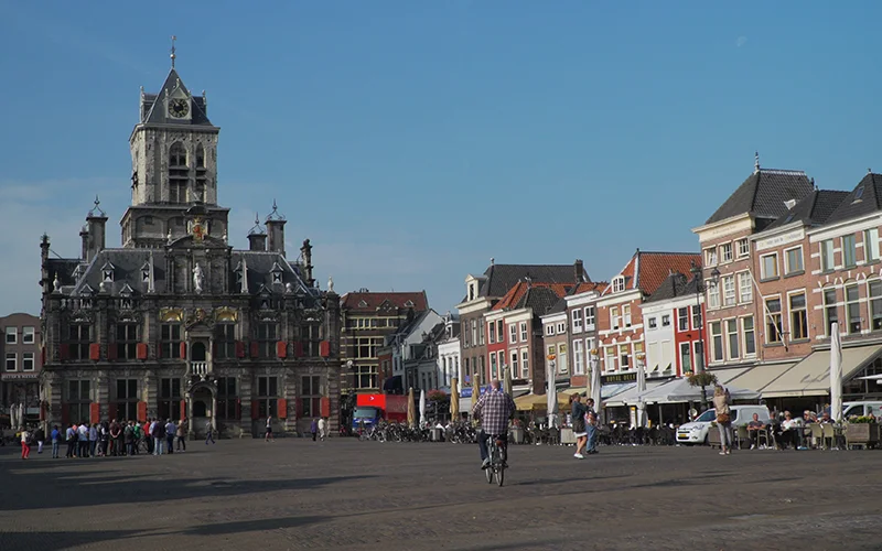 The market square in Delft with the Gothic town hall