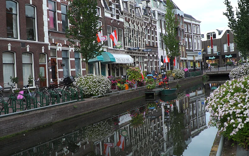 Canal in Gouda lined with flowers and old houses