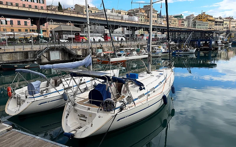 Yachts moored in the old harbor of Genoa