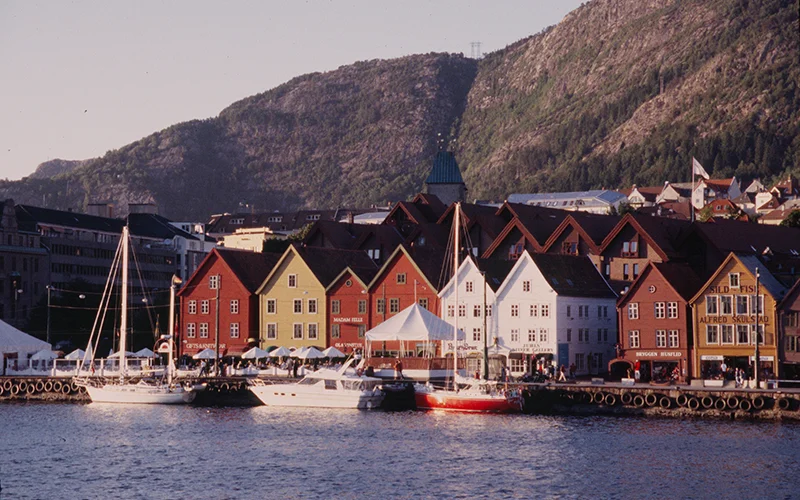 The Bryggen waterfront in Bergen with its row of colored wooden warehouses