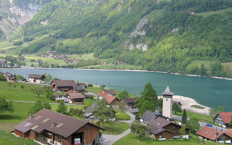 Lake and village seen from the Brunig Pass in Switzerland