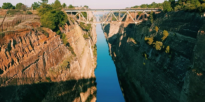 Corinth Canal cutting with road bridge overhead