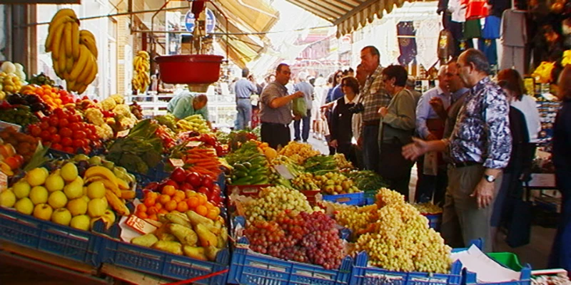 Colorful produce stalls in the Cretan market