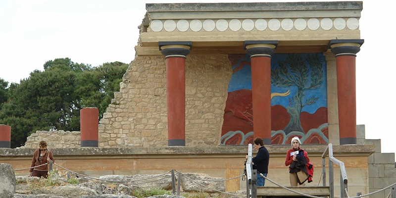 The reconstructed north entrance of the Palace of Knossos with red columns