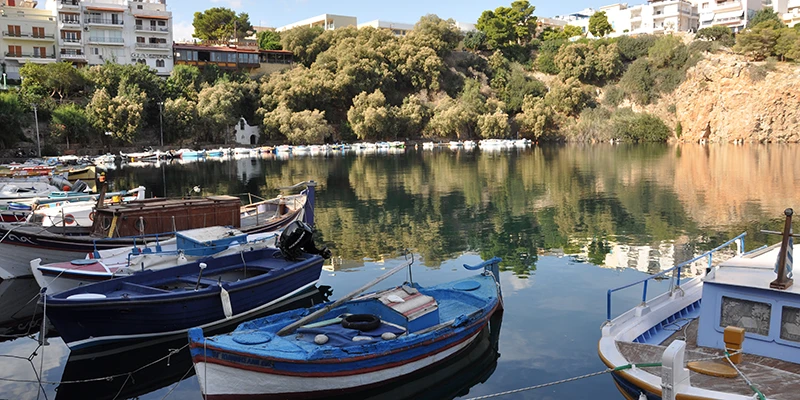The harbor of Agios Nikolaos with fishing boats
