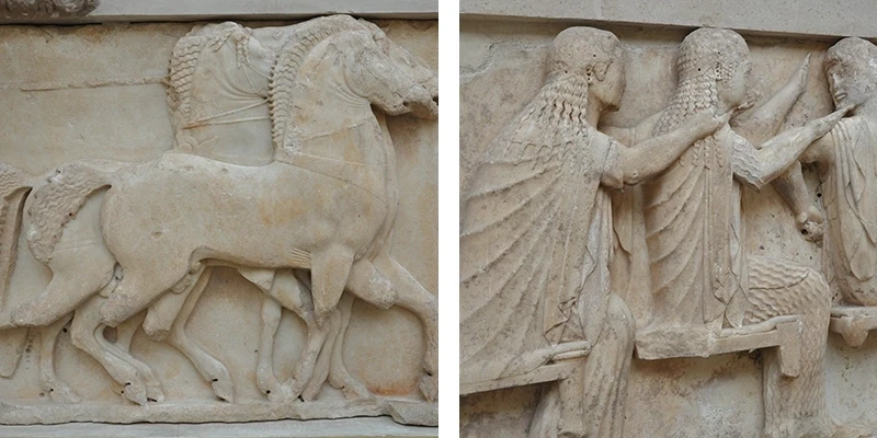 Delphimuseum 10 17 - treasury frieze of Siphnos caryatids