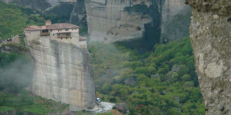 A monastery perched on a sandstone pillar at Meteora