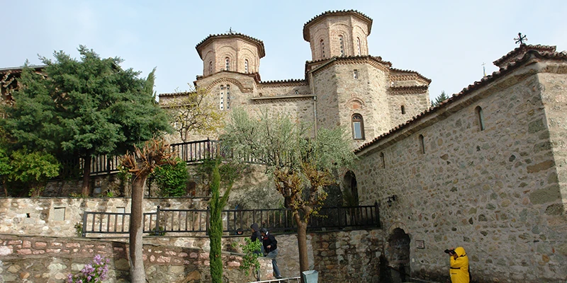 Stone church and buildings within a Meteora monastery