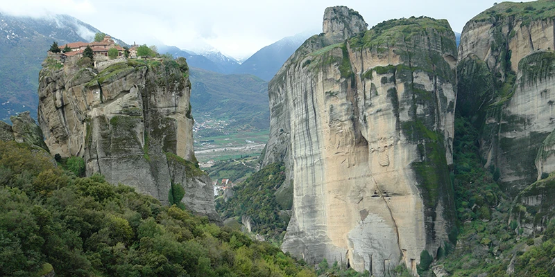Meteora rock formations with the valley below