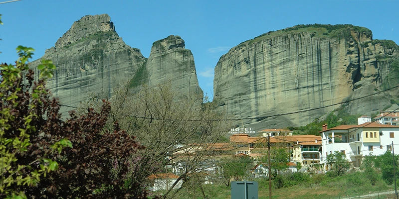 Massive rock pillars with the town of Kalambaka below