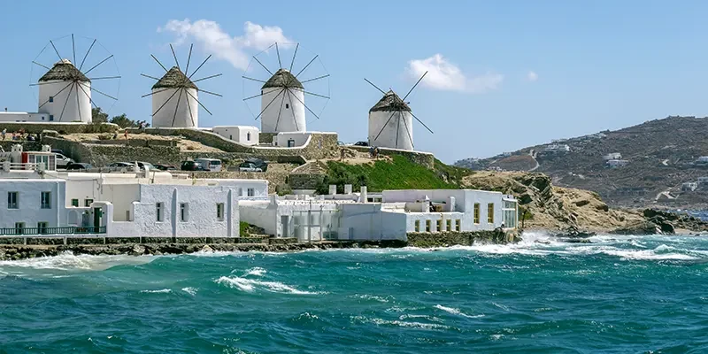 Mykonos 29 - row of windmills on promontory