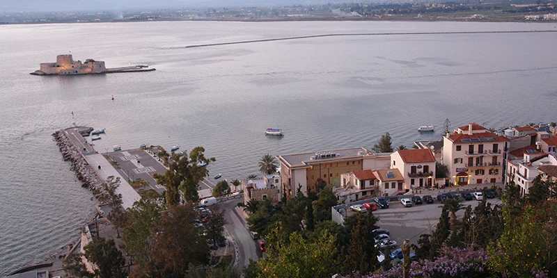 View from the water toward the town of Nafplion