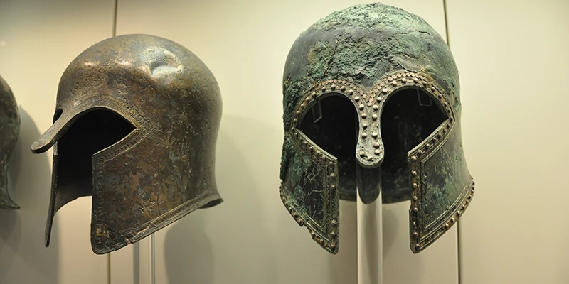 Bronze helmets displayed in the Olympia museum