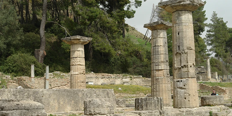 Doric columns and ruins in the Olympia sanctuary