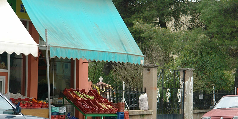 Produce and shopfronts in Olympia town