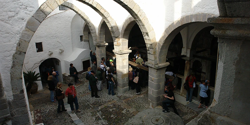 Visitors in a courtyard of the monastery complex