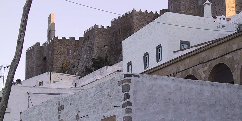 The formidable stone walls of the monastery fortress