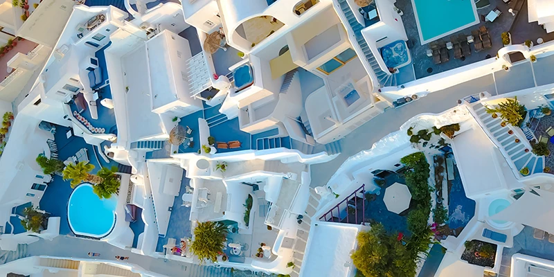 The whitewashed maze of Santorini seen from above