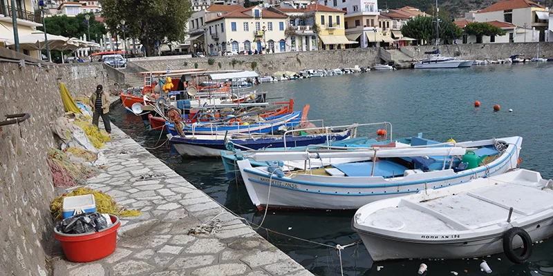 Fishing boats moored in the old harbor at Nafpaktos on the Gulf of Corinth