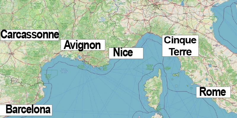 Mediterranean tour route map from Barcelona to Rome